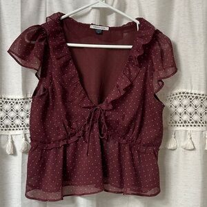 American Eagle Outfitters Burgundy Polka Dot Ruffle Tie-Front Blouse